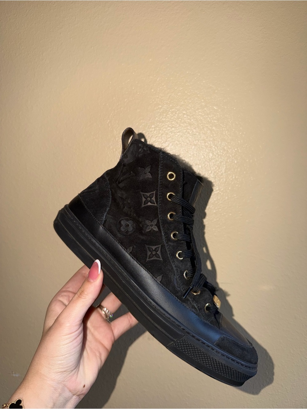 Louis Vuitton Black Suede Monogram High-Top Sneakers with Gold Hardware - Picture 3 of 7